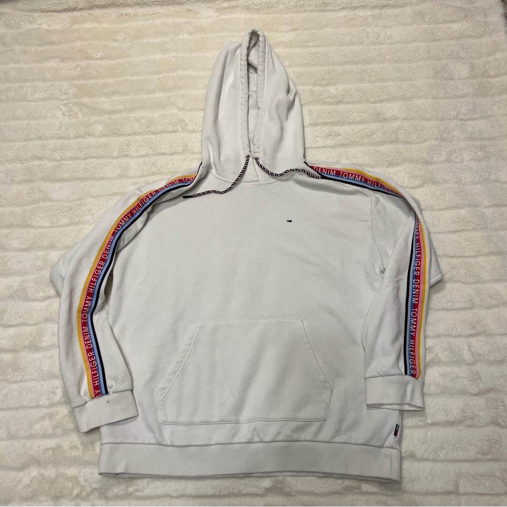 Tommy Hilfiger White Hoodie with Rainbow Stripe Accent (Medium)